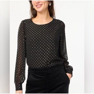 J Crew Black with Gold Clip Dot Shimmer Blouse BV607 Womens Large Fancy Dressy